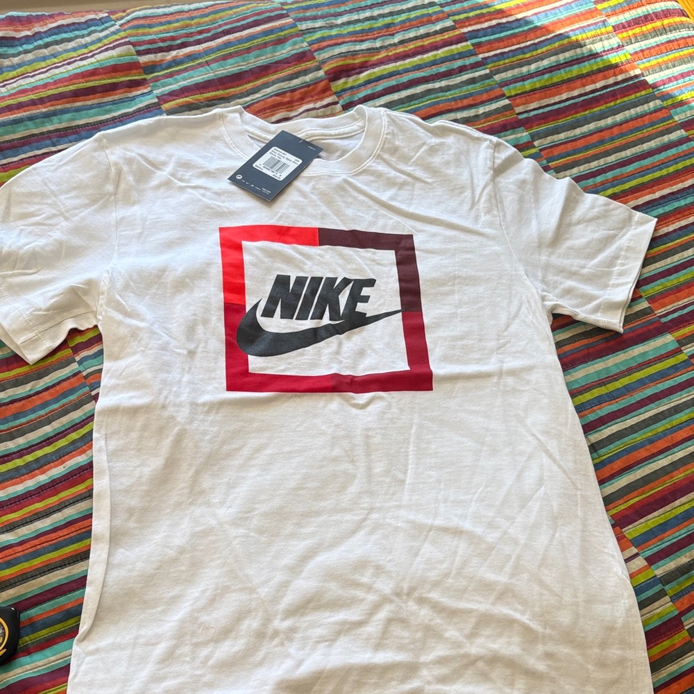 Sale Nike Men's White Tee with Red and Black Logo size small new tags